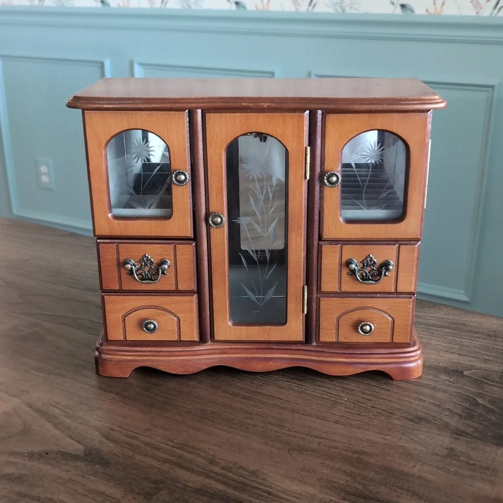 Vintage Jewelry Armoire Organizer Etched Glass Floral Wood Chest Velvet Mirrored
